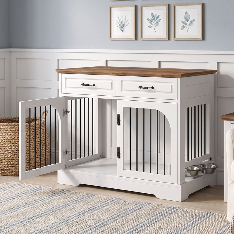 Mobilier de cage pour chien avec tiroirs de rangement, bol d'alimentation rotatif et barres en métal sécurisées, Brown White