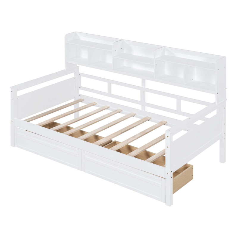 Lit de jour, support en lattes de bois, avec tablette de chevet et deux tiroirs, Lit simple, Blanc
