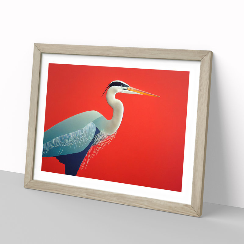 A Lively Heron Bird - Single Picture Frame Print, 46cm H x 64cm W x 2cm D, Oak