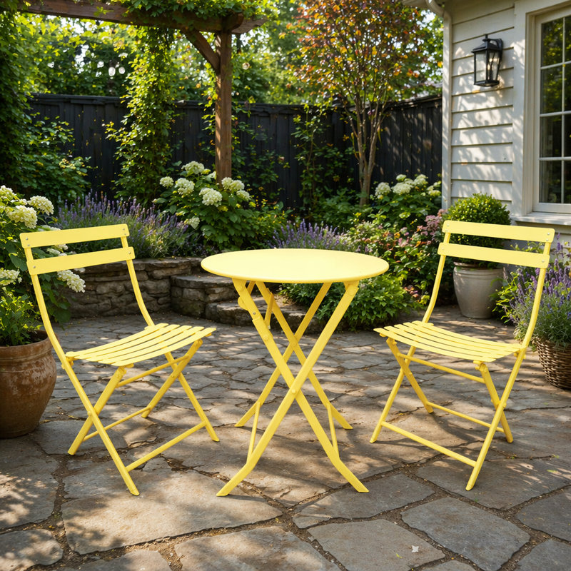 Ensemble bistro 3 pièces avec chaises pliantes et table ronde, jaune vif pour l'intérieur et l'extérieur