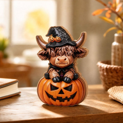 Décoration d'Halloween : vache en bois, ornement plat imprimé recto-verso en forme de citrouille, chapeau de sorcière, décoration de table ou d'étagère.