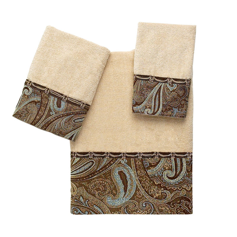 Bradford Beige Cotton Bath Towel Set with Paisley Trim