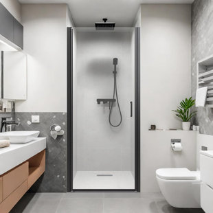 Porte de douche pivotante semi-sans cadre l 32-33,5 "x H 72", verre clair Sgcc 1/4 "(6mm), noir mat