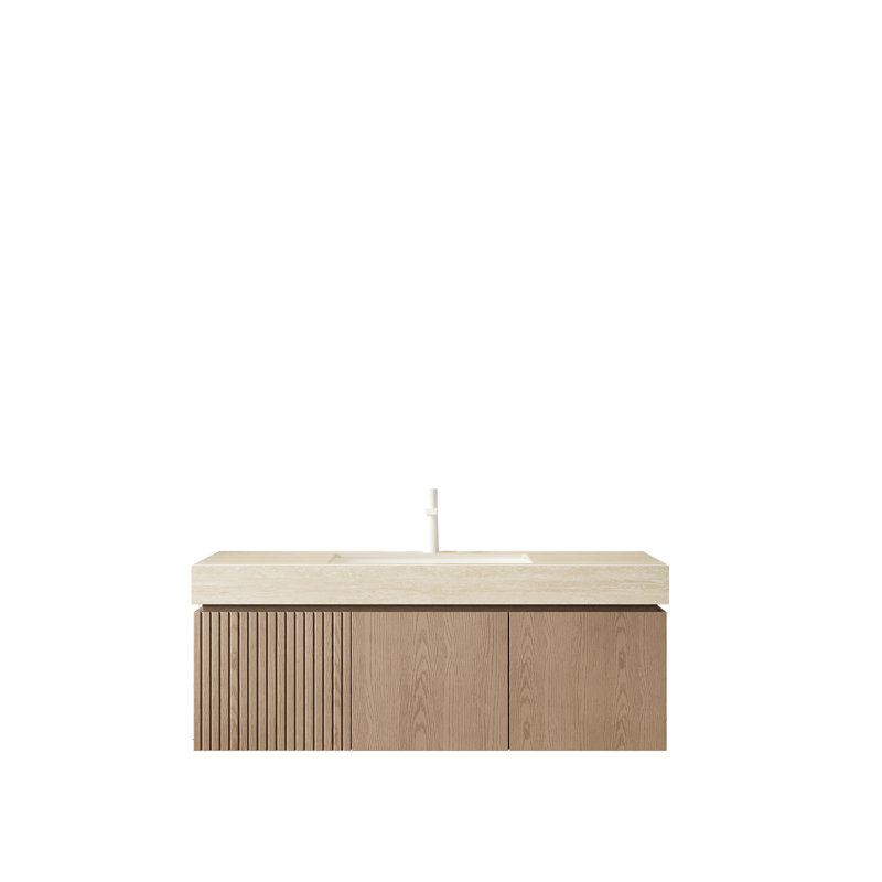 Ensemble de meuble-lavabo et lavabo 48 po, armoire de rangement flottante en contreplaqué avec tiroir et portes, comptoir en pierre frittée et lavabo en céramique avec 1 trou de robinet pré-percé Roma