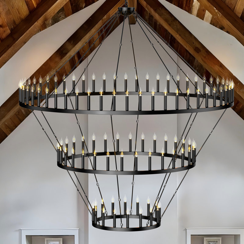 Lustre en roue de chariot 96 lumières noires 96 lumières réglables pour plafonds hauts - 78,74 po, 3, 96 lumières 