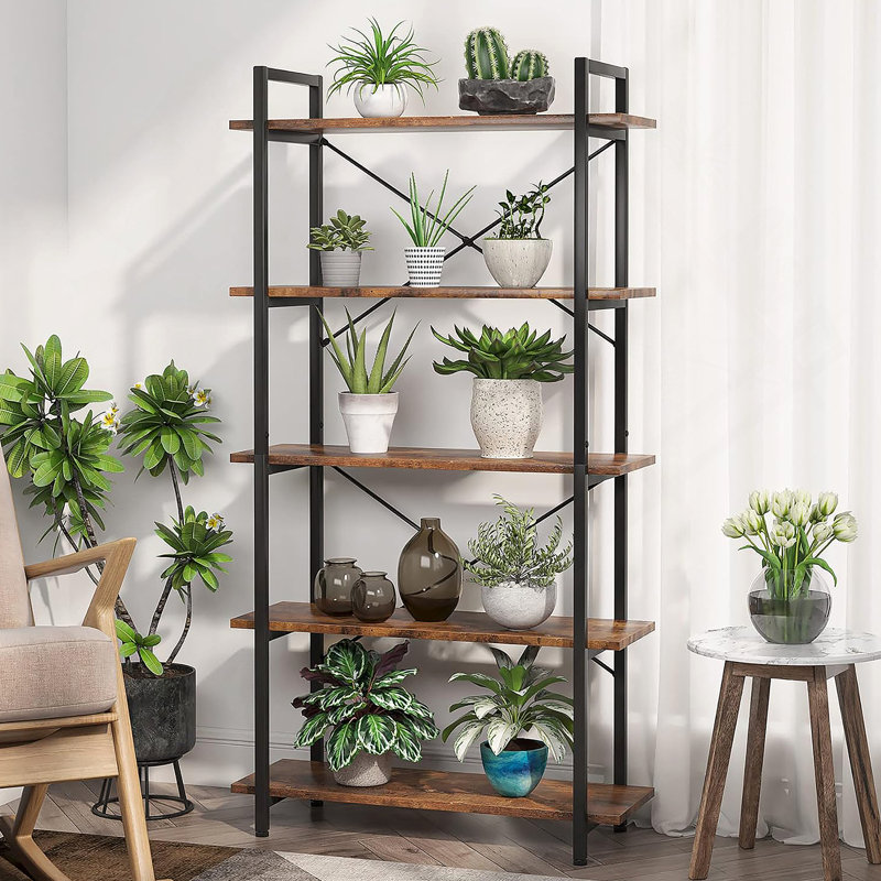 5-Tier Rustic Brown Industrial Metal Bookshelf Unit