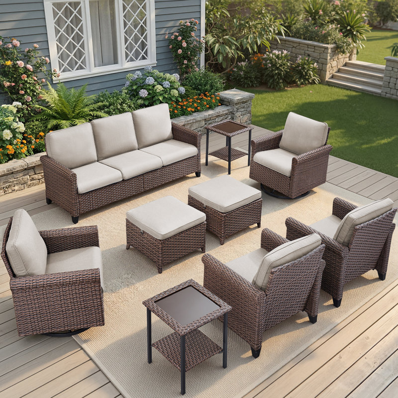 Ensemble de conversation pour famille 7 à 9 personnes en osier avec chaises pivotantes, repose-pieds et tables d'appoint