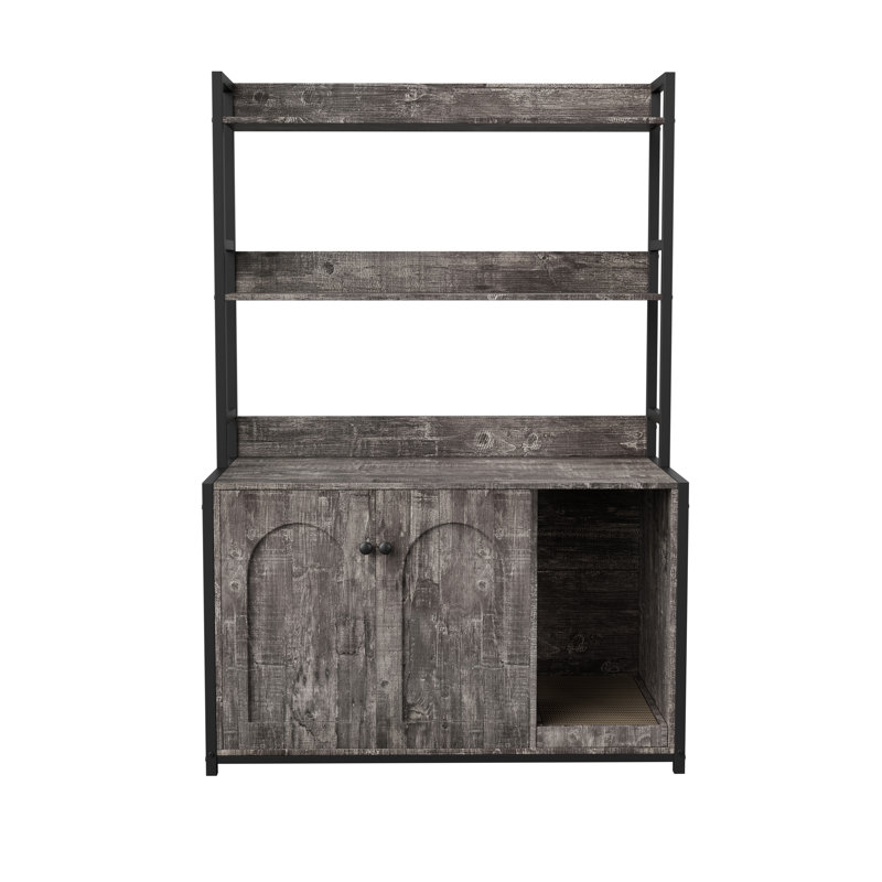 Large Cat Litter Box Enclosure with Shelf Storage, Hidden Washroom, Wooden House with Scratch Pad, Sturdy Indoor Burkey, Gray