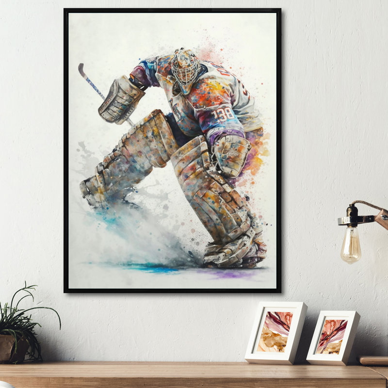 «Hockey Gardien sur glace pendant le jeu III», impression sur toile, H 20 po x l 12 po x P 1 po, Cadre flottant noir