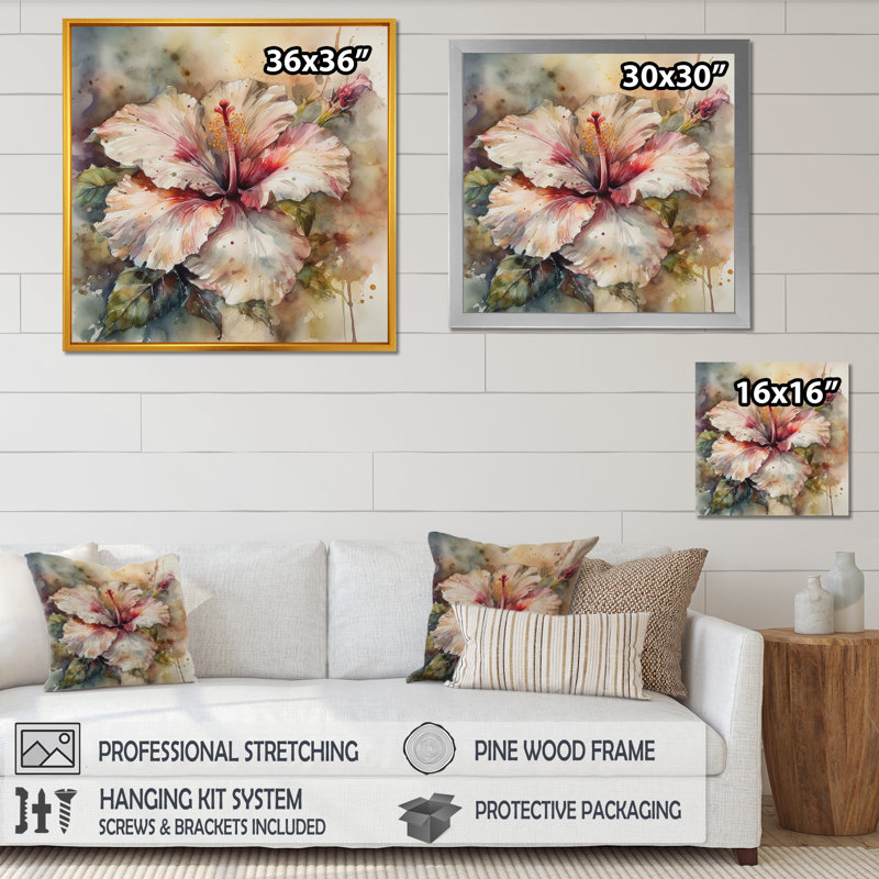 Romay, rose, beige, hibiscus euphorie sur toile, Encadrement doré, H 16 po x l 16 po x P 1 po