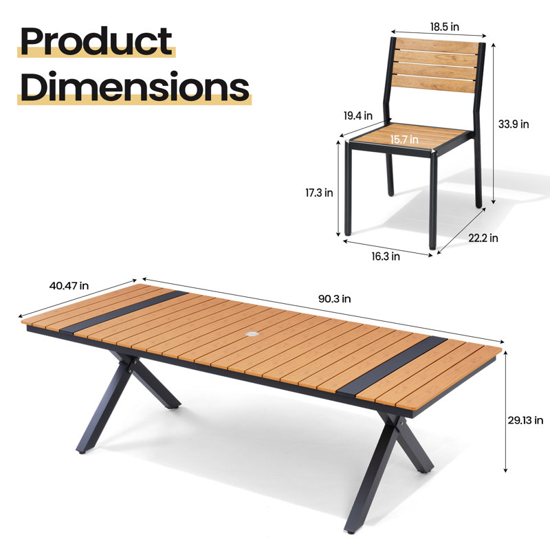 8 - Person 90.3‘’ W X 40.5'' D Aluminum Patio Dining Set With Umbrella Hole And Stackable Chairs, Brown