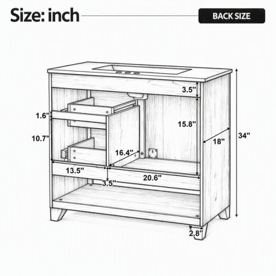 Meuble-lavabo de 91 cm (36 po) avec lavabo en céramique, armoire à porte coulissante et 2 tiroirs avec tablette ouverte, pieds en bois massif, glissières à fermeture amortie, compatible avec robinet de 10 cm (4 po)