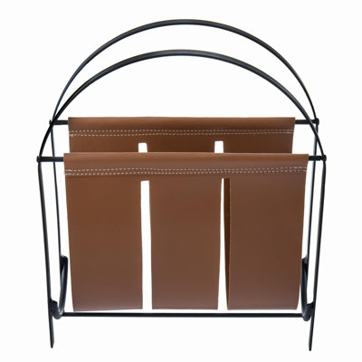 Porte-revues en métal et en similicuir, plateau de table ou panier à suspendre au sol (noir)