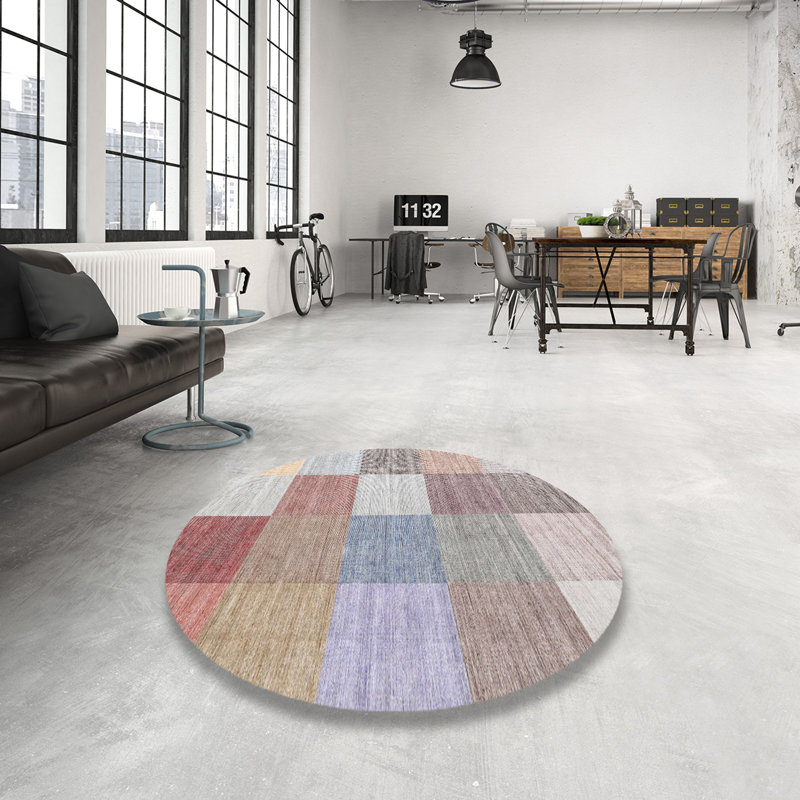 Tapis gris/rose/rouge contemporain, Rond 7 pi
