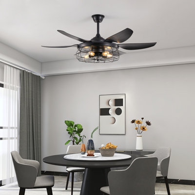 52'' Industrial Caged Ceiling Fan With Light Kit And Remote, 6-Speed Silent DC Motor In Matte Black