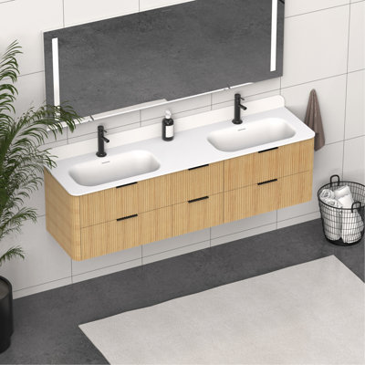 Meuble-lavabo cannelé doré 72 po avec lavabo intégré et quincaillerie noire