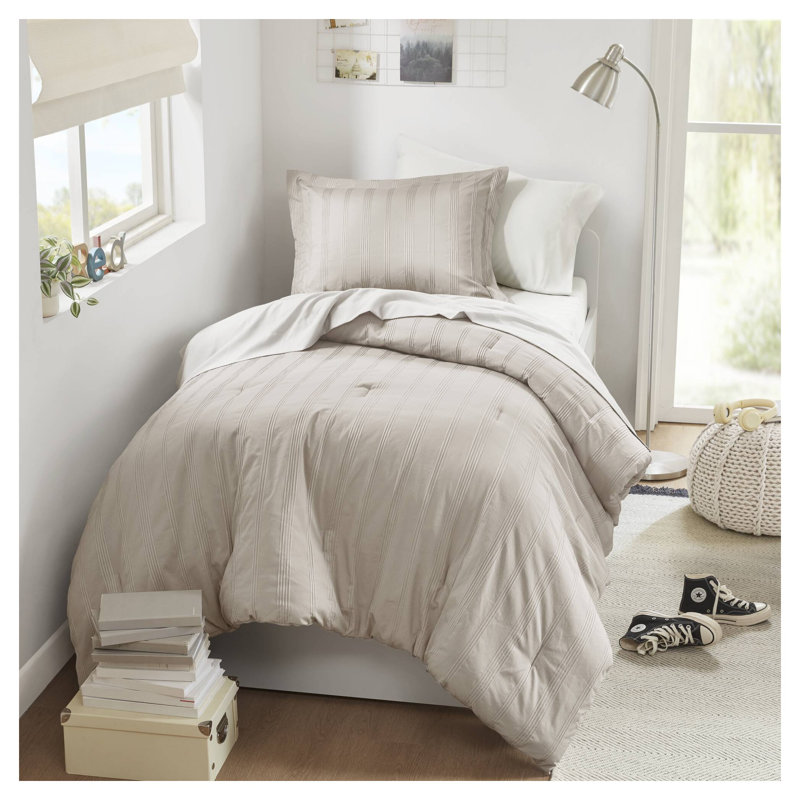 Ensemble d'édredon rayé tissé 5 pièces pour lit simple / simple TG, Édredon simple + 4 pièces supplémentaires, Beige