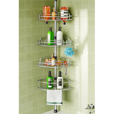Étagère de douche d'angle à barre de tension, 4 niveaux, antirouille, organisateur de shampoing