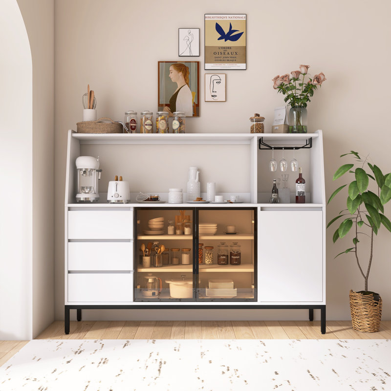 Mist 3-Drawer Sideboard with Glass Door & Wine Glass Holder, 42.13" H x 62.99" W x 15.75" D