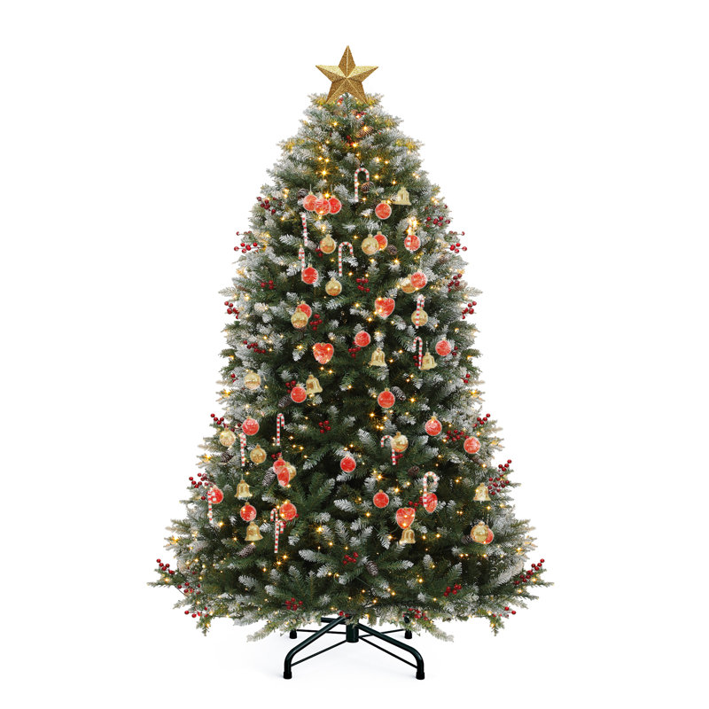 Arbre de Noël artificiel vert givré 6 pi avec lumières réglables, pommes de pin et baies, 6'