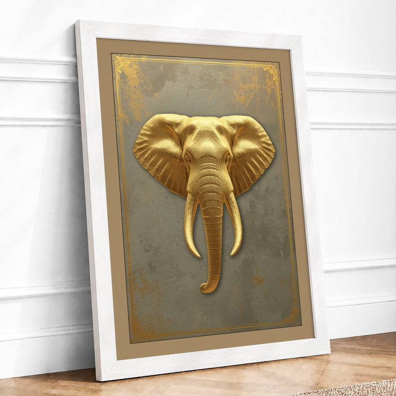 Golden Elephant Art Deco - Framed Print, A3 - 42.0 x 29.7 cm, White