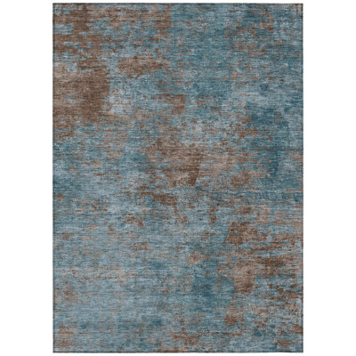 5' X 8' Teal Blue And Brown Abstract Washable Indoor Outdoor Area Rug