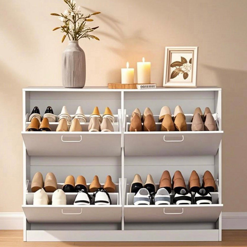24 Pairs Shoe Cabinet with 4 Flip Drawers, Adjustable and Removable Dividers, White