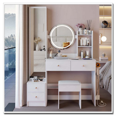 Meuble-lavabo avec miroir à DEL, tabouret et plusieurs ports de recharge pour un confort moderne