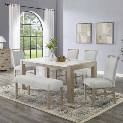 6Pc 66"W Rectangular White Faux Marble Top Dining Set With Bench