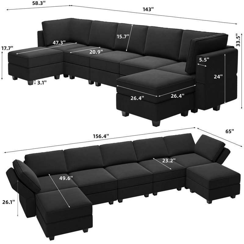 Ridoy 7-Pieces Large Velvet Upholstered Sectional Modular Variable Sofa & Chaise with Storage, Black Velvet
