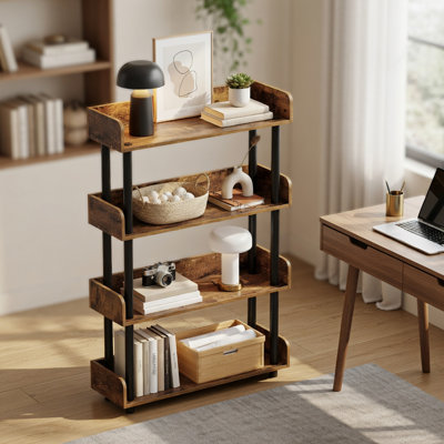 Étagère industrielle à 4 niveaux avec système anti-basculement, robuste, en bois d'ingénierie, pour salon, bureau et chambre, brun rustique