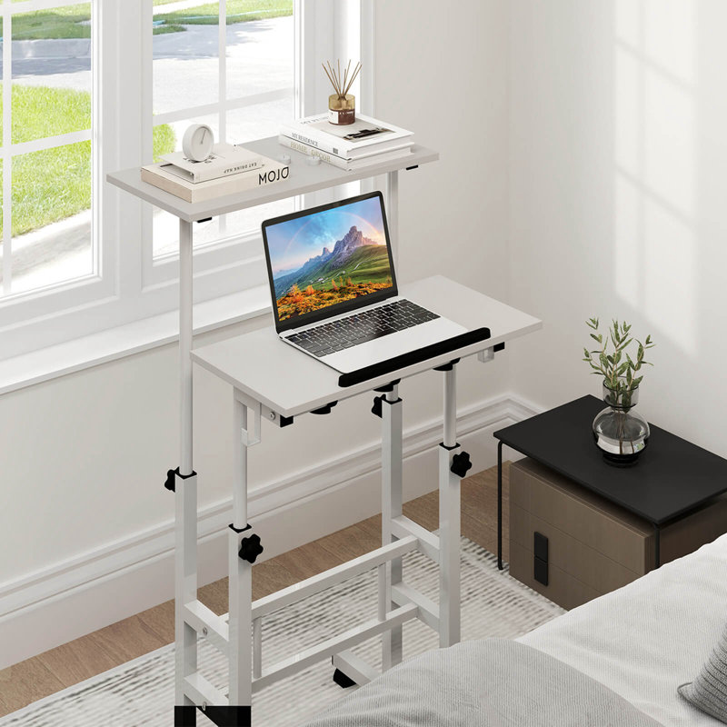 Bureau mobile à hauteur ajustable avec bureau inclinable et 2 crochets de suspension