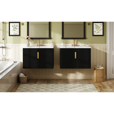 Meuble-lavabo de salle de bain 30 po avec lavabo simple en céramique et 3 trous, fabrication en bois massif, poignées en fer pour la corrosion, installation murale moderne pour lavabo rétro lustré de 60 po, portes à fermeture douce, grattoir