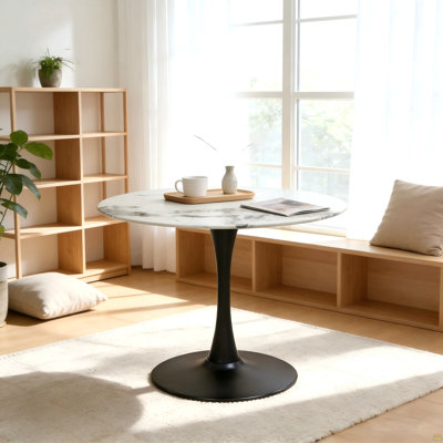 Table de salle à manger 34,65 po à motif tulipe marbré - base en métal noir moderne, pouvant accueillir 4 à 6 personnes, convient à la cuisine, au salon, au café et à la salle de réunion, élégante et pratique