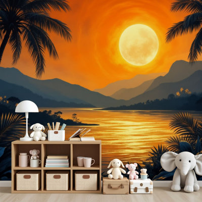 Papier peint adhésif à peler et coller, coucher de soleil, paysage tropical, palmiers, montagne, reflets, peintures murales, H 69 po x l 96 po, amovible, papier peint mural en PVC, adhésif pour chambre à coucher, salon, bureau à domicile
