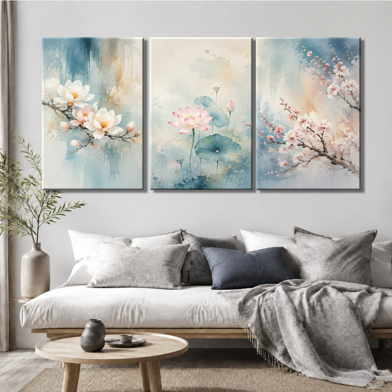 Tableau mural à 3 panneaux, aquarelle de lotus et de fleurs de prunier, impression sur toile tendue, 28 * 40 pouces * 3