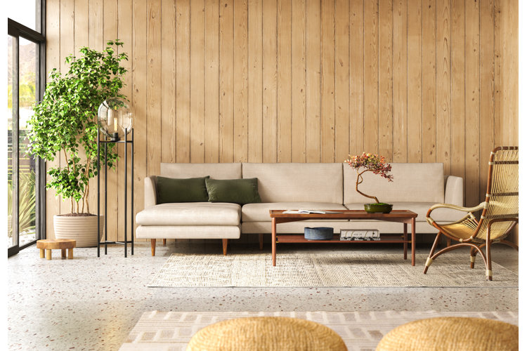 Organic modern living room with warm neutral tones.