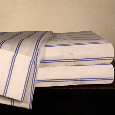 Luxury Blue Stripe Cotton Sateen Queen Sheet Set - 310 Thread Count - Soft & Smooth Bedding - Breathable & Durable - Bedroom Essential - Premium Quality Sheets