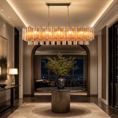 17-Light Gold Linear Tiered Chandelier with Amber and Clear Textured Glass Tube Shades