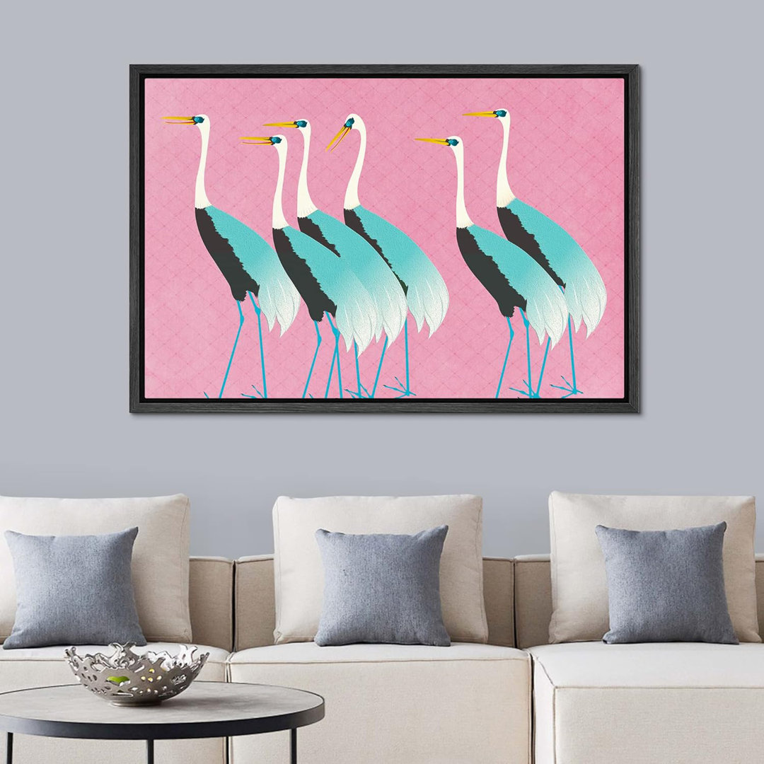 Bright Preppy Animals IDEA4WALL Framed Canvas Print Wall Art Room Decor Vibrant Teal Crane Bird Pink Sky Nature Decorative Multicolor Colorful Rustic For Living Room, Bedroom, Office Framed On Canvas Bold Art IDEA4WALL