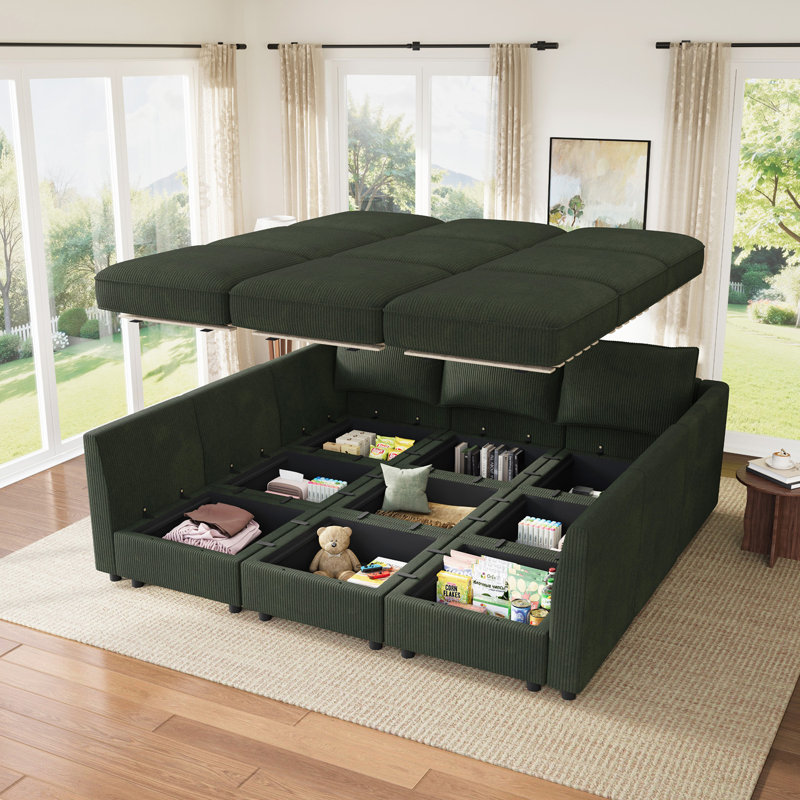 Canapé-lit modulaire rembourré avec rangement vert, Velours côtelé vert