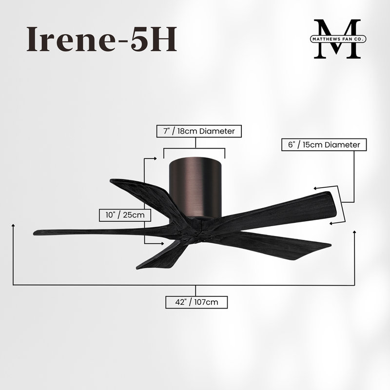 60" Irene 5-Blade Hugger Ceiling Fan with Wall Remote, Brushed Bronze, 42", Matte Black
