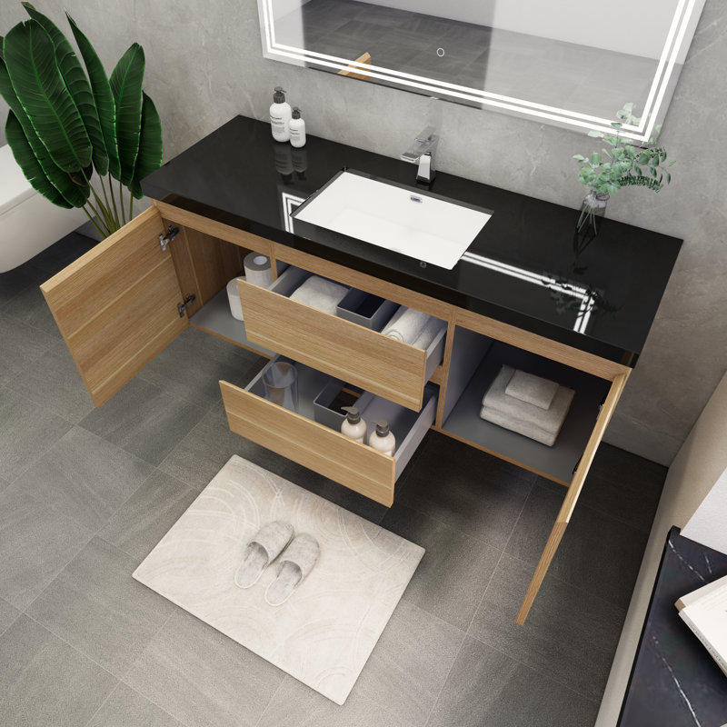 Castin 60" Wall-Mounted Single Bathroom Vanity Set, Light Oak