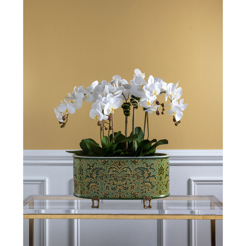 Richmond Damask Oval Planter, 8.5" H x 18" W x 8" D, Green