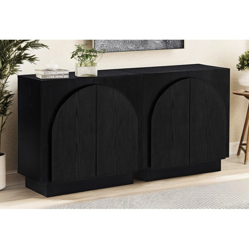 Buffet en bois noir, style Mid-Century moderne, accent, salon, coins arqués, finition chêne, armoire de rangement décorative, portes, assemblage simple