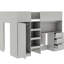 Lit mezzanine gris avec garde-robe, bureau, tablettes de rangement et tiroirs pratiques