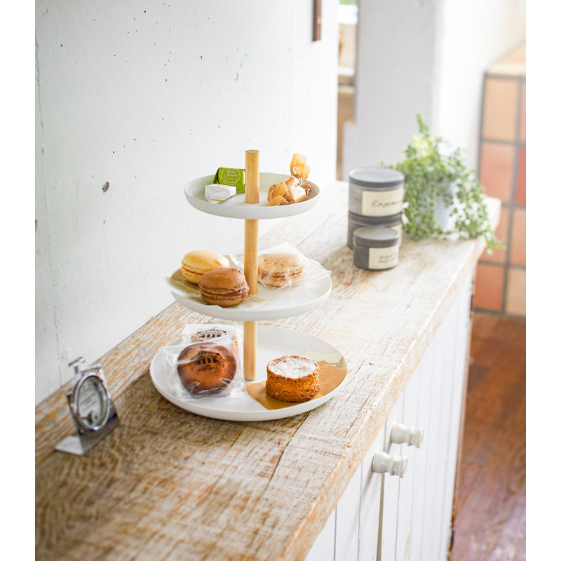 Tosca Minimalist White Steel & Warm Wood 3-Tier Serving Stand