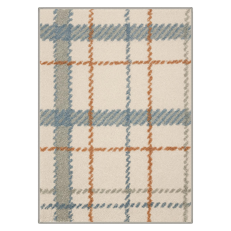 Modern Plaid Machine Washable Beige / Blue / Orange Indoor Area Rug with Non-Slip Backing, Rectangle 9' x 12'