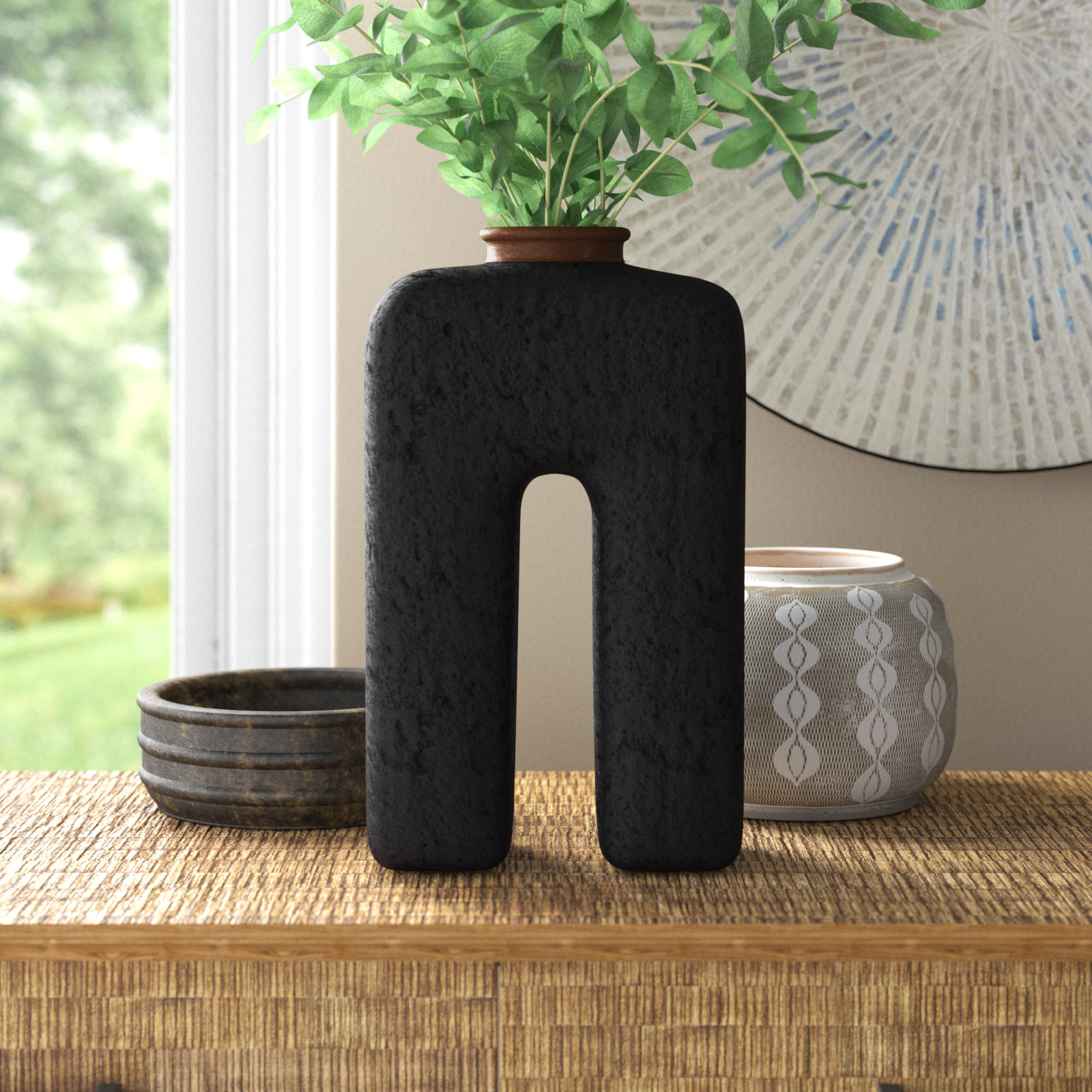 Decorative Pottery and Ecomix Vase with Modern Sculptural Design and Unique Rectangular Cut-Out Shape for Contemporary Stylish Accents.