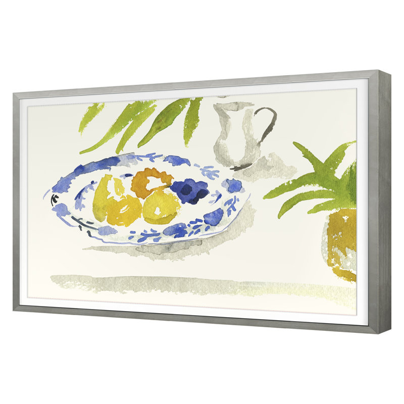 Blue Plate With Lemons Print by Dana Gibson, 18" H x 25" W x 1.25" D, Silver Framed